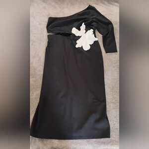 Eloquii One Shoulder Cutout Waist Seed Bead Floral Applique Dress